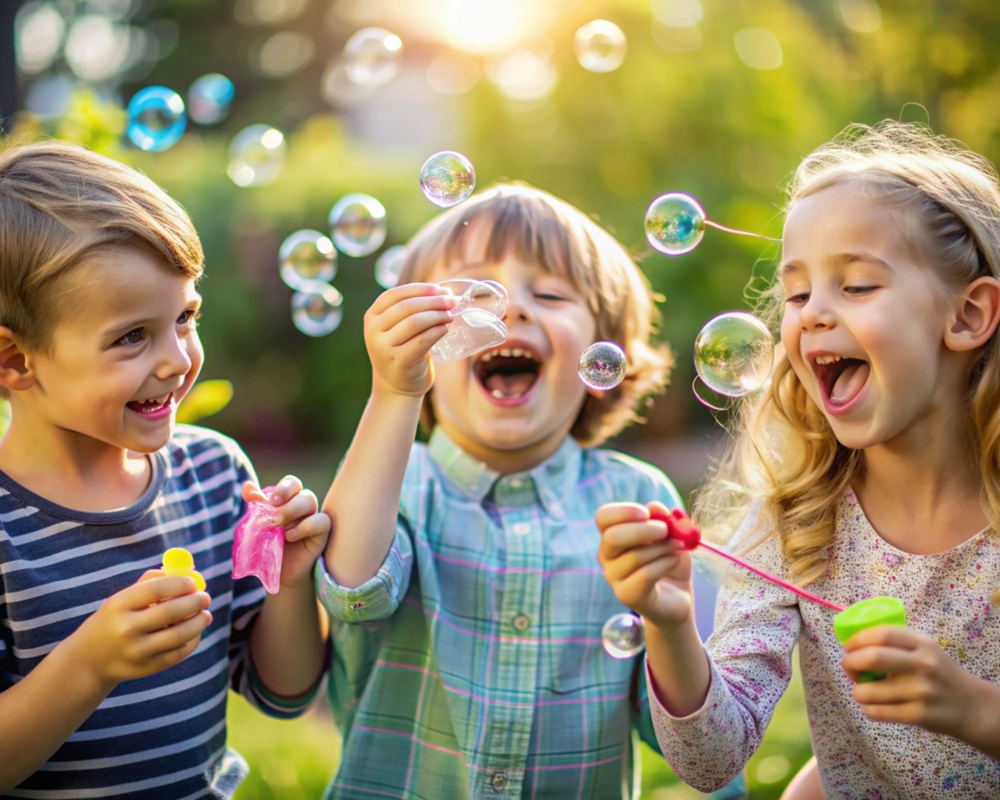 Kinder pusten Seifenblasen im Garten
